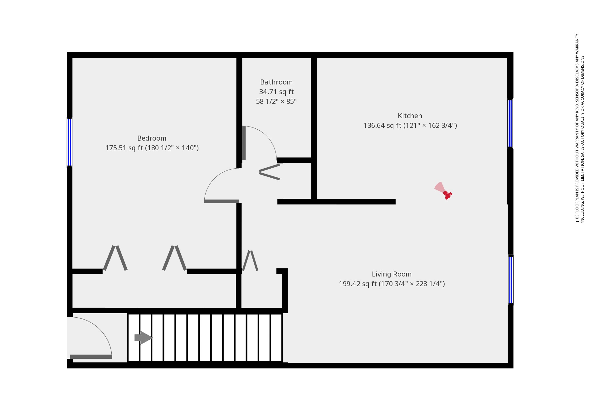 A floor plan of a house with a living room, kitchen, bathroom and bedroom.